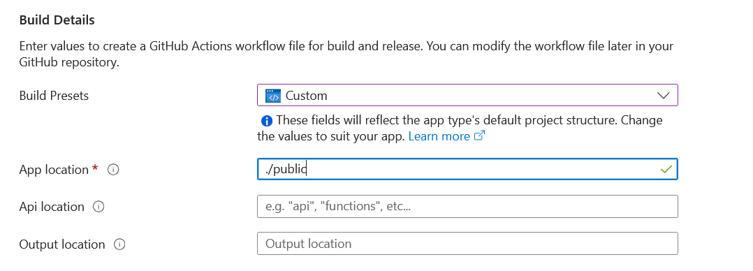 The Azure Static WebApps creation page with settings for configuring the name, resource group, and hosting plan.