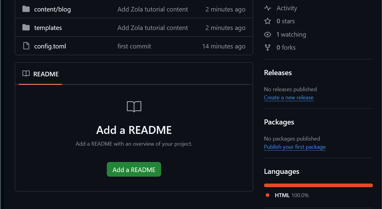 A fresh GitHub repository page with a content and templates folder, a config.toml, and an empty readme