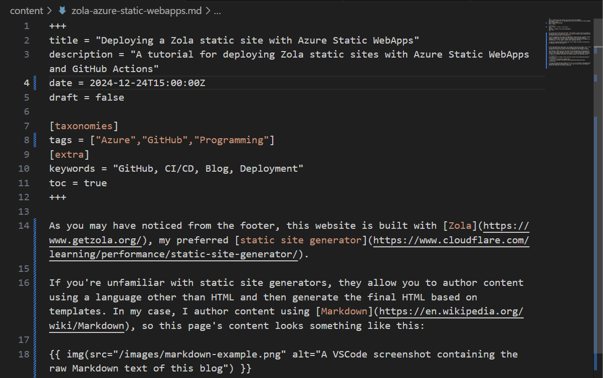 A VSCode screenshot containing the raw Markdown text of this blog