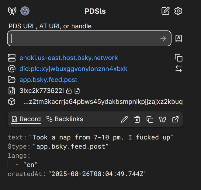 A screenshot of the PDSls page for my post, showing the text, record type, language, and a timestamp for when it was created at
