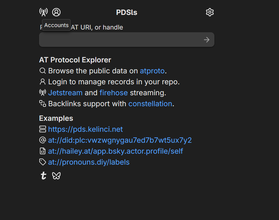 A screenshot of the PDSls homepage with the mouse hovering over the account icon which looks like a person