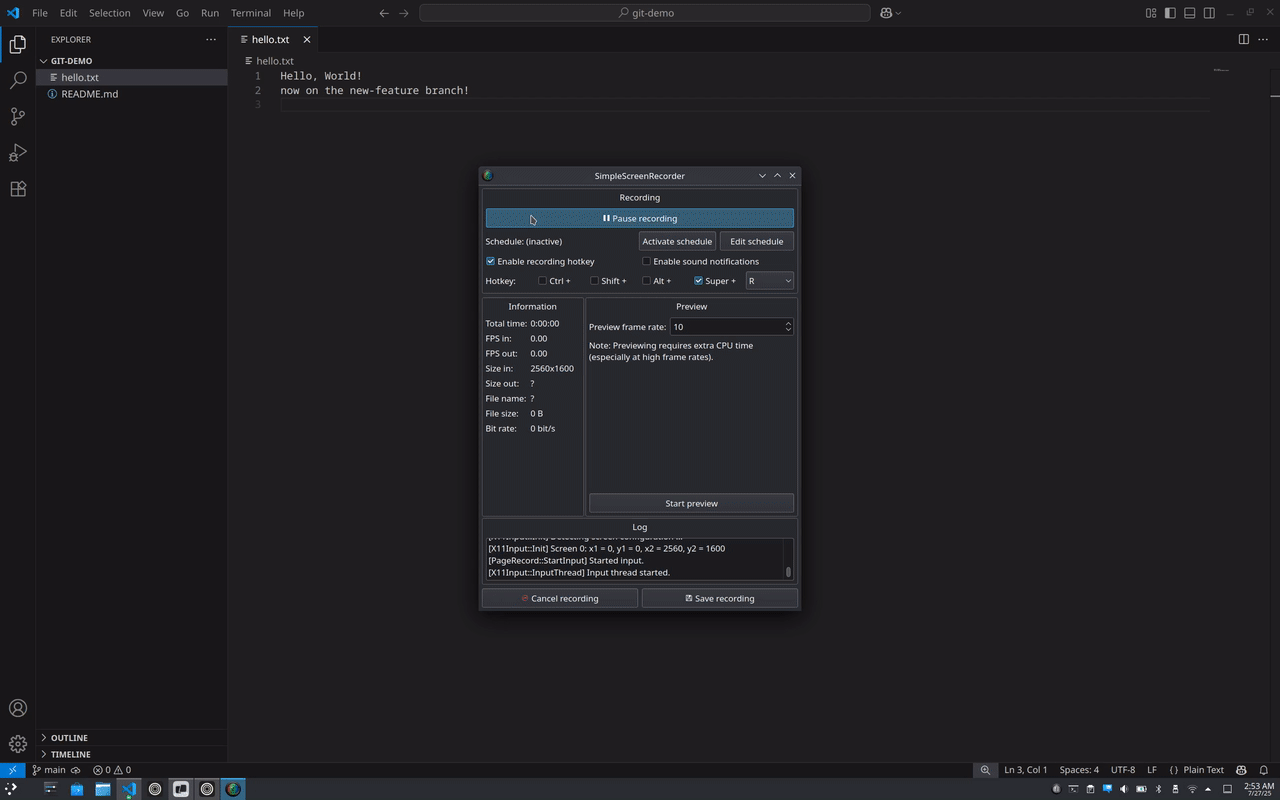 A gif of a VSCode window with the git menu selected, showing the branch history, changes, and committing a new change