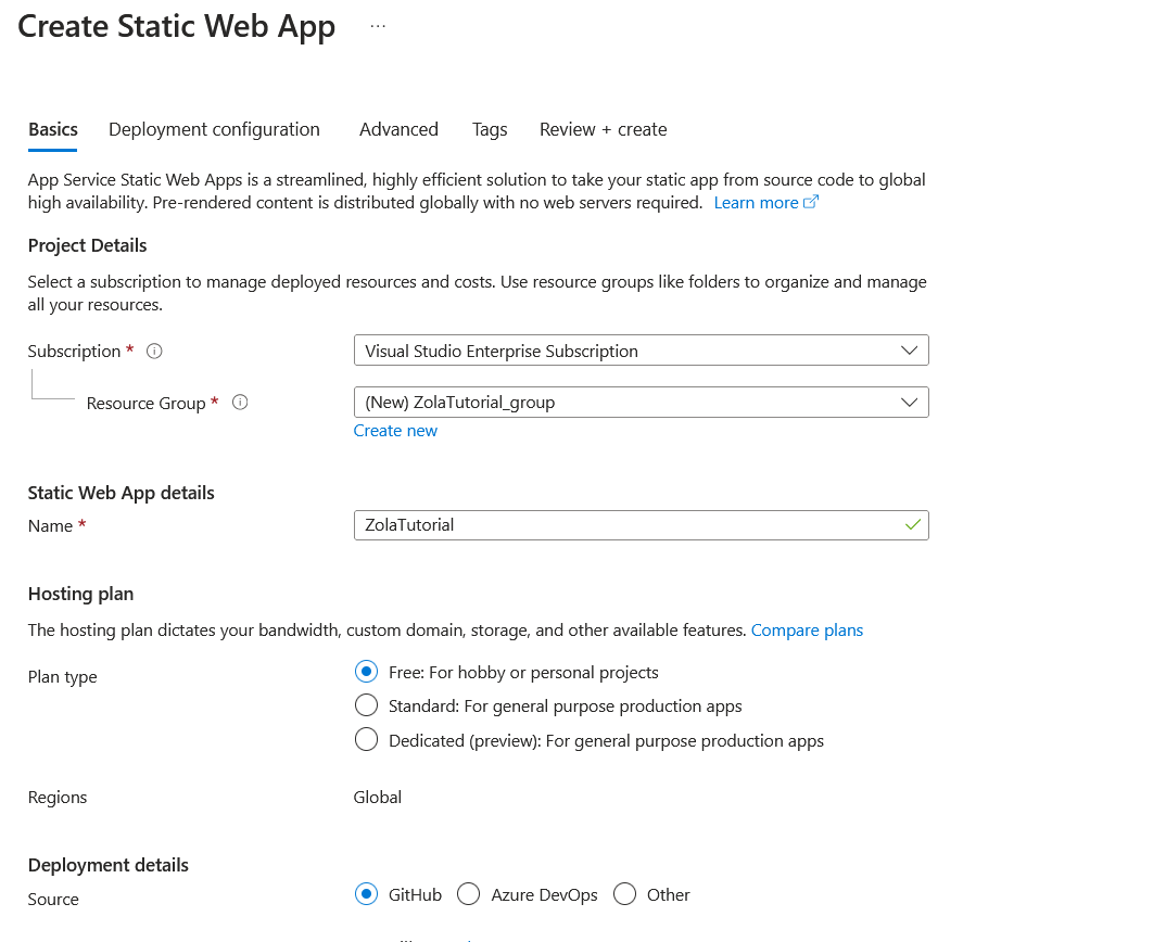 The Azure Static WebApps creation page wtih settings for configuring the name, resource group, and hosting plan.